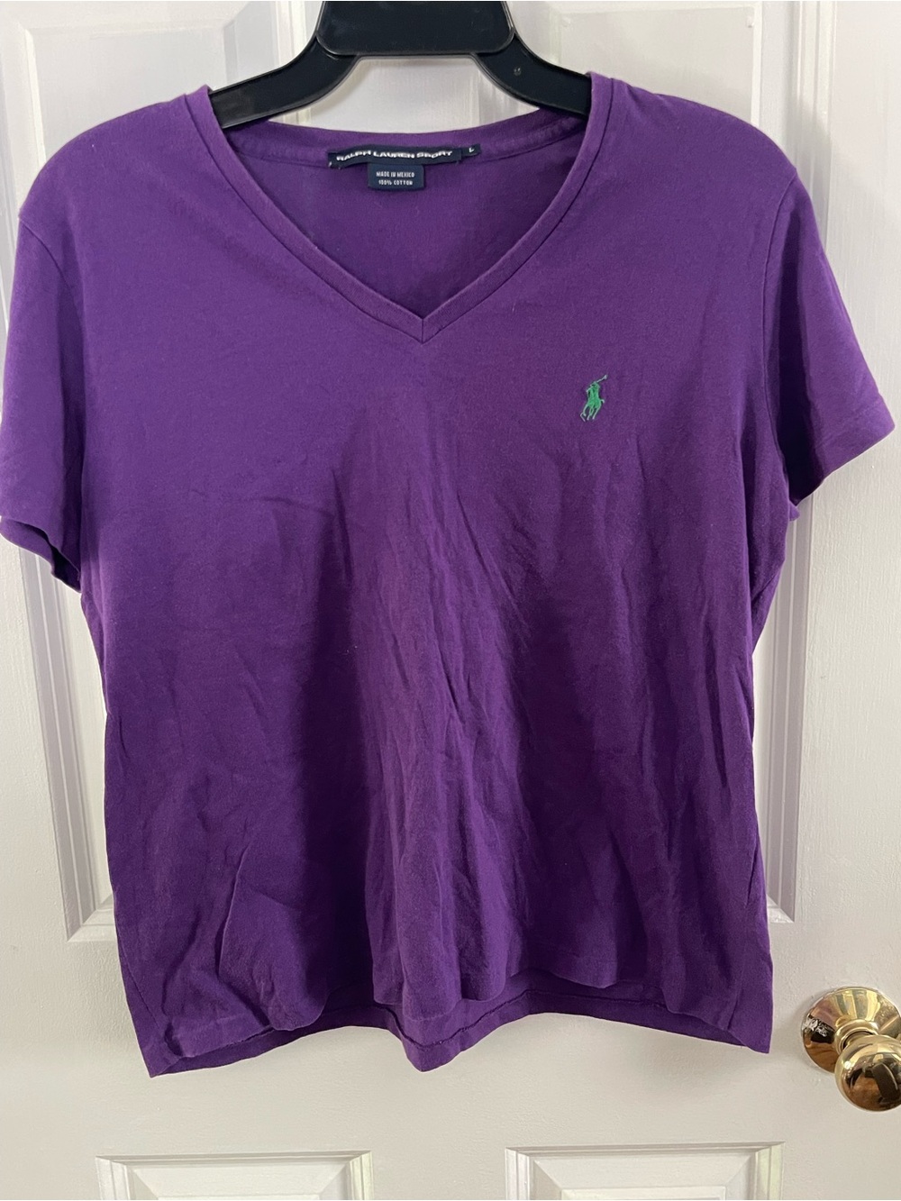 Ralph Lauren Purple V-Neck Cotton Tee with Green Pony Logo